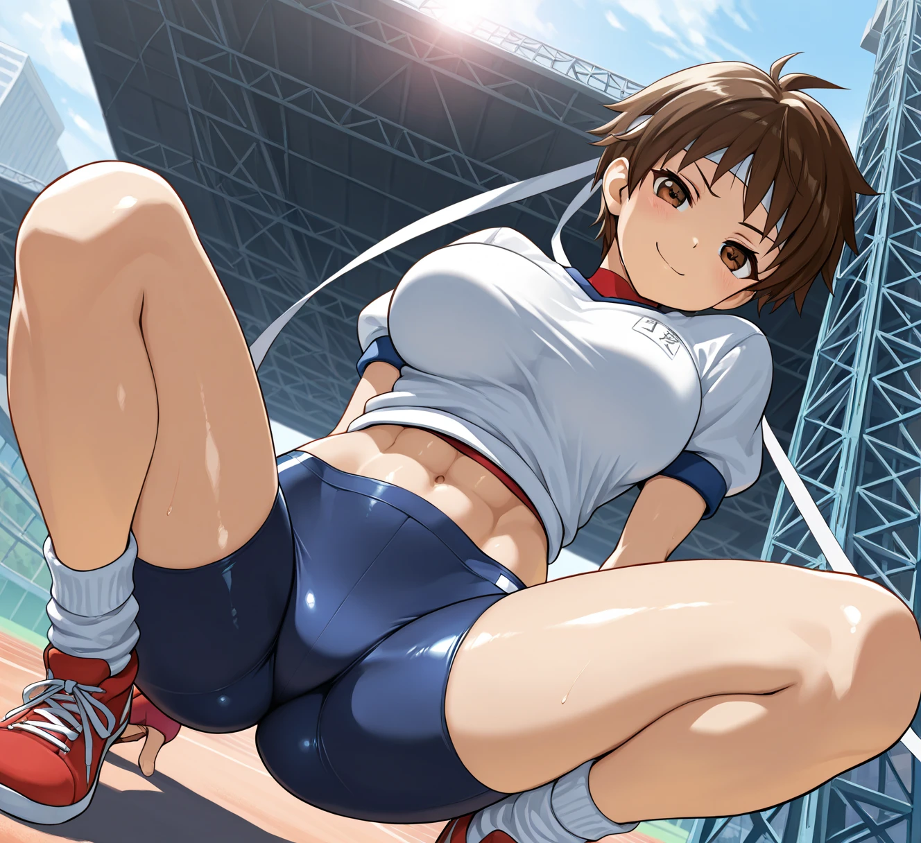 takeda hiromitsu style,score_9, score_8_up, score_7_up,muscular,12 years old,nsfw,sheer Japanese junior high school Sailor tops,Ultra Miniskirt, Anatomically correct,,Large breasts,Erected nipples,Show off your camel toe,Spread legs,From below,Torn costume:1.2thick thighs, Detailed legs, flexible, Standing on one leg:1.2, standing split:1.3, Hand lifting one leg
