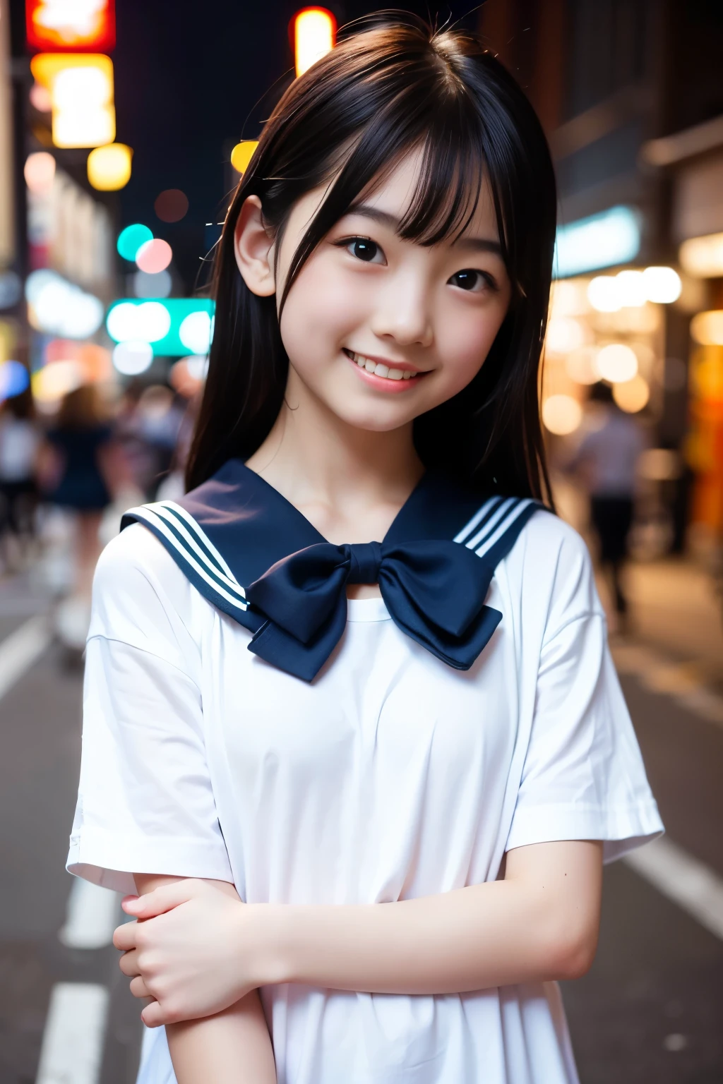Incredibly cute girl,Super cute 16 year old girl、White skin、(Wear a sailor uniform)、 Professional Lighting、Tokyo Street,night, Streetscape,City lights,Upper Body,close,smile,, (8K, RAW Photos, Highest quality, masterpiece:1.2),(Realistic, photo-Realistic:1.37),Please lift your skirt、Panties are visible、