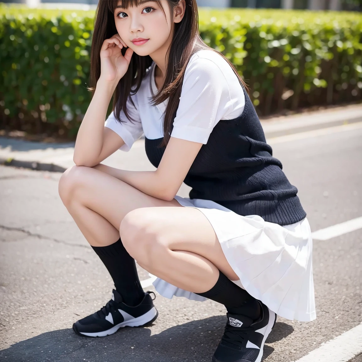 elegant, masterpiece, intricate, realistic, best quality, absurdres, detailed high face detail, perfect eyes, illustration, detailed, kawaii bad girl, feet out of frame, mini skirt, serafuku, kneehighs, loafers, squatting, wind blowing hair, smooth hair, beautiful hair, detailed hair, messy hair, short hair,