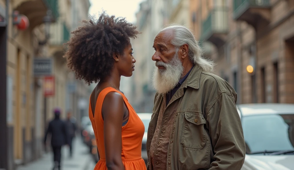 elderly man, africana, black skin color, dressed in white with a woman next to her with dark skin and straight copper-colored hair, dark shaped eyes, hole in the chin indigenous features