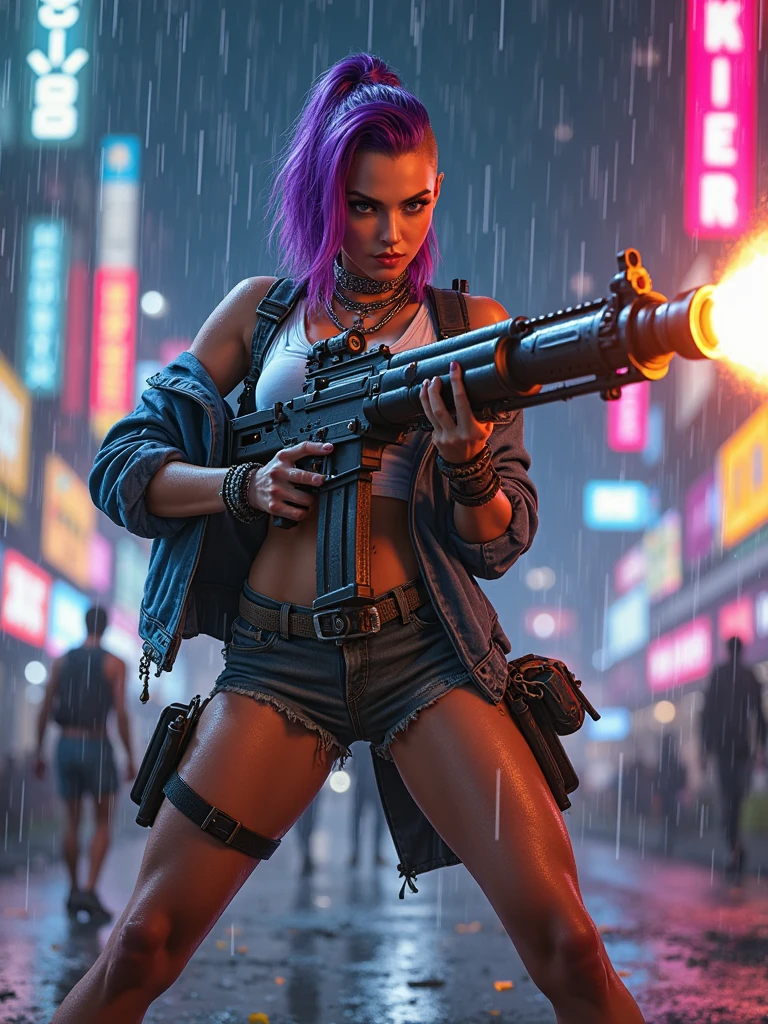 (Realistic:1.4) cyberpunk girl images, (highest quality, 8k, 32k, masterpiece) , (Dynamic pose), ((Front camera)), Cowboy Shot, Shapeless hair, Multicolored Hair, Colorful cyberpunk combat armor, Depth of written interface f/1.8, high angle view of Cyberpunk city at night as background. (((1girl, solo))), photo realistic, (medium-breast slim body, cleavage), (((full bra top, extreamly short pleated (((miniskirt))) exposing panty))), (((((matrix style black sunglasses))))), (((((((aiming at viewer with a (mini gun), (looking at camera)))))))), (((((half-body (thigh level) medium shot))))), (cinematic lighting).