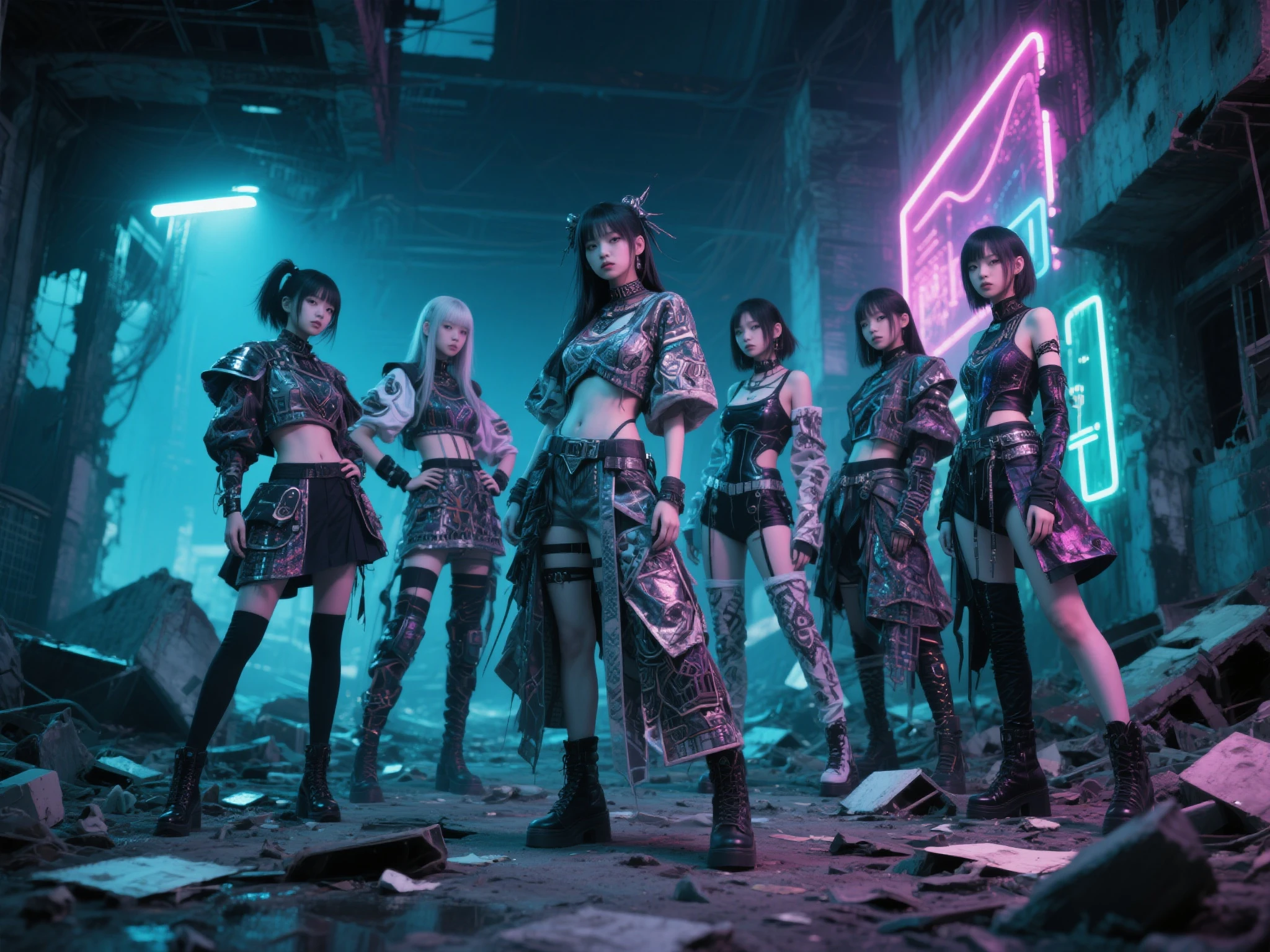 (((((3girls)))), ((Exposed breasts))))), (All Right Blue Punk Fashion)))), (Highest Quality)))), (Highest Quality)))), (Realistic ))))), (Detailed Description)))))), (High Contrast))))), ((High Contrast)))), (Japan People), ((Beauty) )))), 18 years old, (((boyish))))), ((erotic))))), (gigantic)))), ((super big breasts))))), (camera gaze), (full body)))), (light blue hair)))))), (Shortcut)))))), (Riders jacket)))), (((Leather pants))))) , (((((((Leather Boots)))))), ((Standing)), (Professional Lighting))))), (Natural Light), (Tokyo)