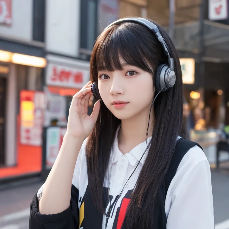 There was a girl wearing a white shirt and headphones, Kawaii realistic portrait, Smooth anime CG art, portrait anime girl, Photorealistic anime, lovely digital painting, realistic anime artstyle, 3 d anime realistic, Realistic cute girl painting, photorealistic anime girl rendering, 3d anime girl, Realistic anime 3 D style, Realistic young anime girl, adorable digital art，Casual hairstyle,ssmile,largeeyes,,Alvine，Bigchest，Full body photo，Extremely beautiful face，Hand down