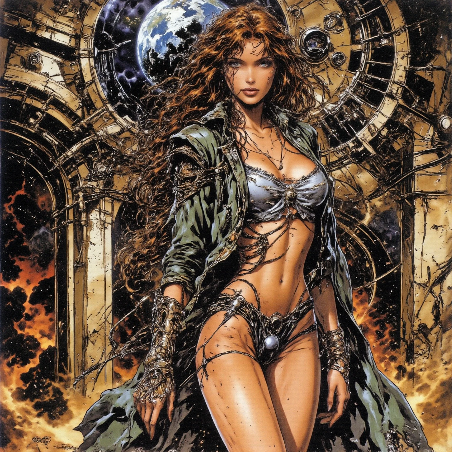 (((mulher))), (((melhor qualidade))), (((obra prima))), (((adulto))), Angelina Jolie, Uma gladiadora cyberpunk mulher de 25 anos com corpo perfeito, alien armor, estilo Mad Max, (( corte de cabelo moicano )), tiny leather panties, camiseta do Metallica rasgada, quase nua no estilo selvagem urbano de Simon Bisley para a capa da revista Heavy Metal, Cabelo loiro curto, Minimum clothing, Metal protection on the left arm with intricate graphics, Dark red with white stars and black and white checkerboard pattern, armadura, cheio de pontas e rebites, (((do joelho pra cima))), cabelos loiro branco curto, no fundo uma parede pintada por Banksy com um design intrincado