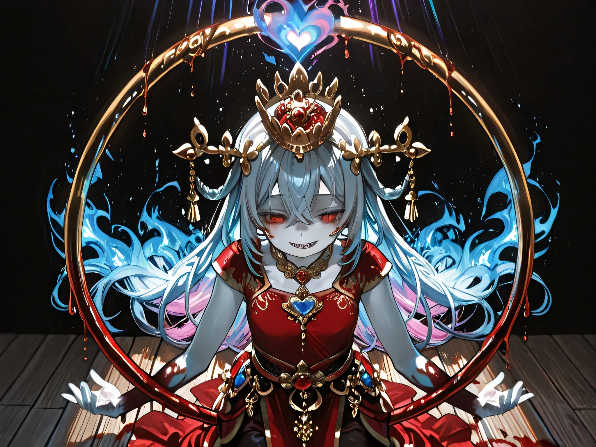 Beautiful young girl wearing a red dress, Wearing ancient Thai clothes, Looking Forward, Wearing Thai bandana, Wearing a Thai crown on her head, Red cloth used instead of pants,Red Eyes, Lifeless eyes, Very pale skin, devil's smile, Sharp teeth, a purple aurora floating out the girl., wearing jada, Prisoners, On the hand there is a loose golden hoop., two arms holding a silver-blue heart, There are 8 arms, drops of blood, a heart, Tall three-tiered crown, wearing a golden Thai Rum crown hat, Red eyes dripping from eyes, Sad Necklace, Thickened hair, Head tilted a lot, black background, with a shimmering speck of light ascending from the light above., Light from a spotlight above shining down, Wooden board floor as far as the sky, Create phonk music cover, Cracked tones, meme, ทิวทัศน์memeผสมผสานความน่าขนลุก, top body model, outstretched behind a silver-blue flame,