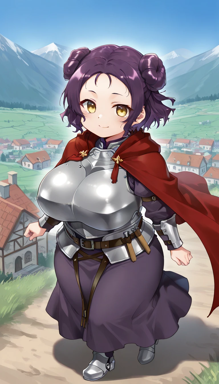 Anime illustration、highest quality、Fantasy、A short and voluptuous female soldier、Bikini Armor、Castle Guard、city gate、Perfect proportions、overwhelmingly big breasts、Beautiful, shining eyes、Blushed、smile、Cowboy Shot、Thick legs