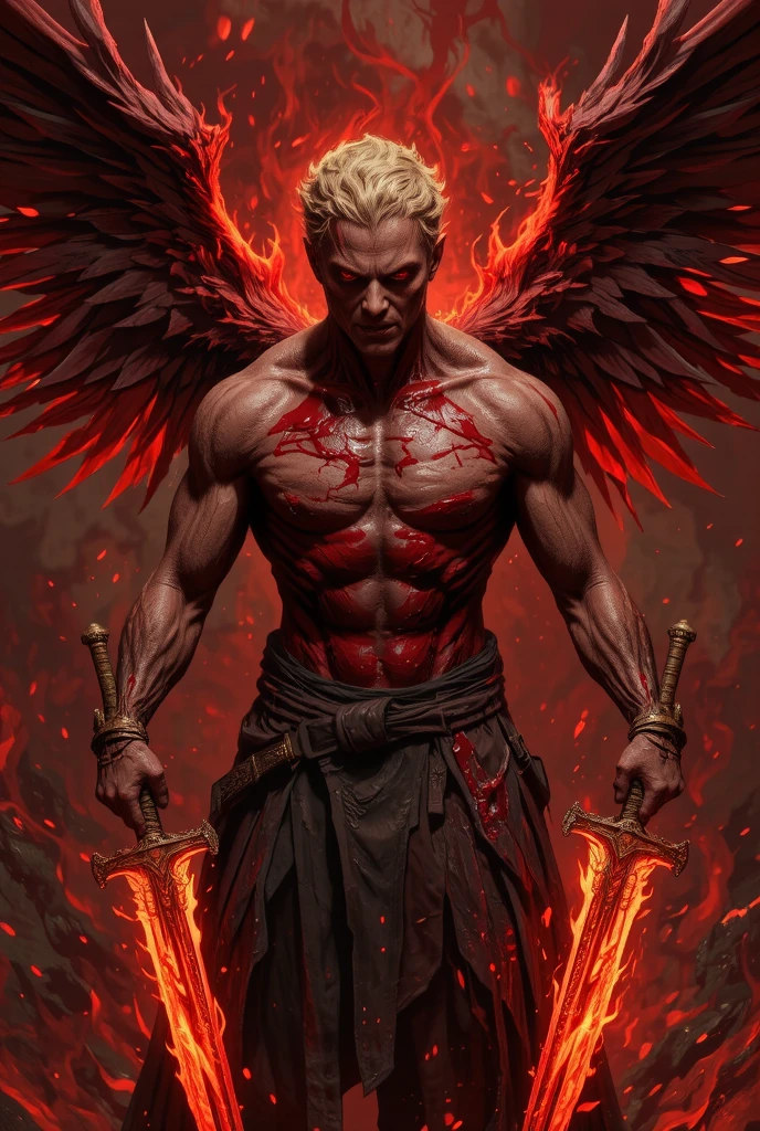 (photoralism:1.2), Very detailed, Ultra-high resolution, High Contrast, masterpiece, Hellish fiery scene, mask covering top part of face, man, street clothes, fighting pose, blonde hair, Caucasian skin, bloody, holding angelic sword, determined, strong,