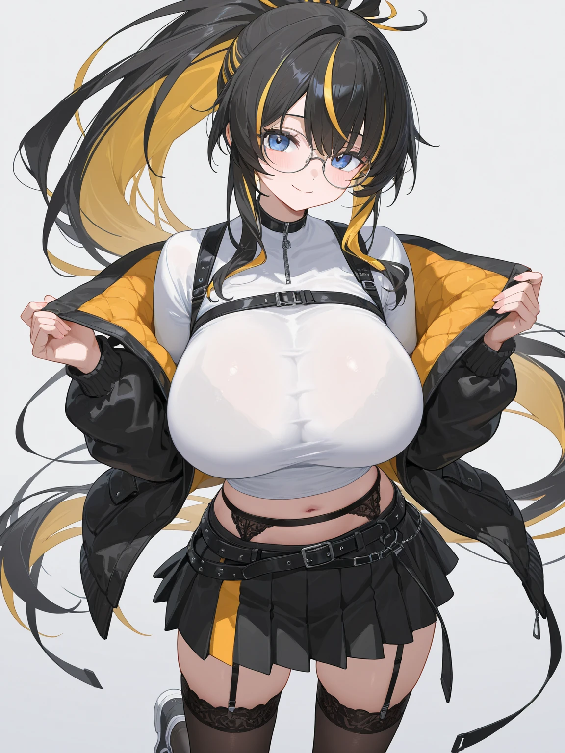 Masterpiece, high quality, ultra quality, best lighting, 1girl, ((tokisaki kurumi)), long hair, black hair, low twintails, monochrome, ((right red eye:1, left yellow eye:1)), , ((short jean)), ((big breast)), ((big thigh)), smile, blush, cute face, ((gesugao face)), standing, sexy body, sexy, tattooed full body, tattooed face, (((tattooed))),looking at viewer, large the breast, nsfw, (((mountain))), camel toe, กางเกงในสีขาว, โชว์กางเกงใน, โชว์หน้าอก,