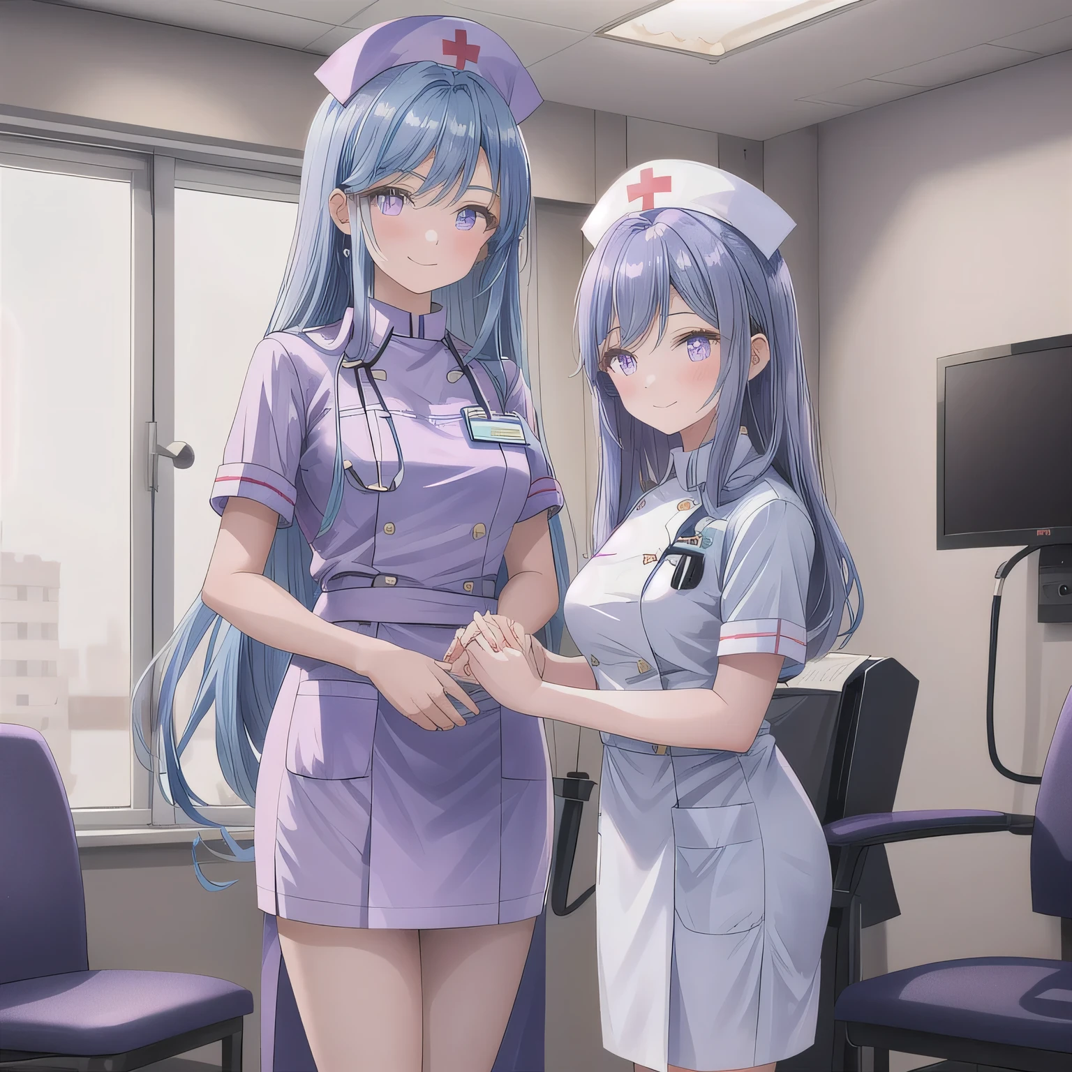 A breathtakingly beautiful 20-year-old woman stands in a warmly lit hospital room, dressed in a white mini-skirt nurse uniform with a matching cap. Her shy smile adds a touch of charm, while the surrounding medical equipment and furnishings create an authentic yet welcoming atmosphere. Long hair, blue hair, purple eyes.