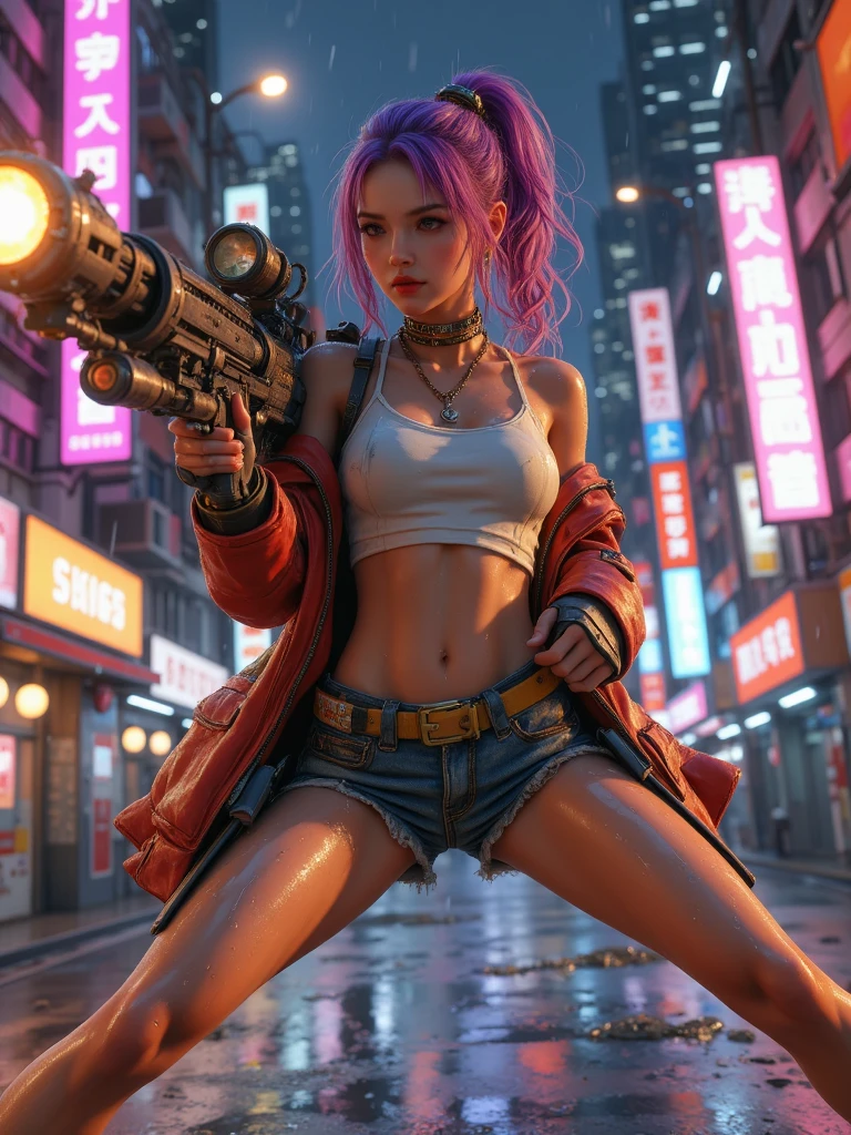 A fierce woman with neon cybernetic implants and wild hair, aiming a futuristic gun out of a high-tech vehicle, surrounded by neon-lit flames and sparks in a cyberpunk cityscape. Ultra realistic photo, vibrant color, 16k