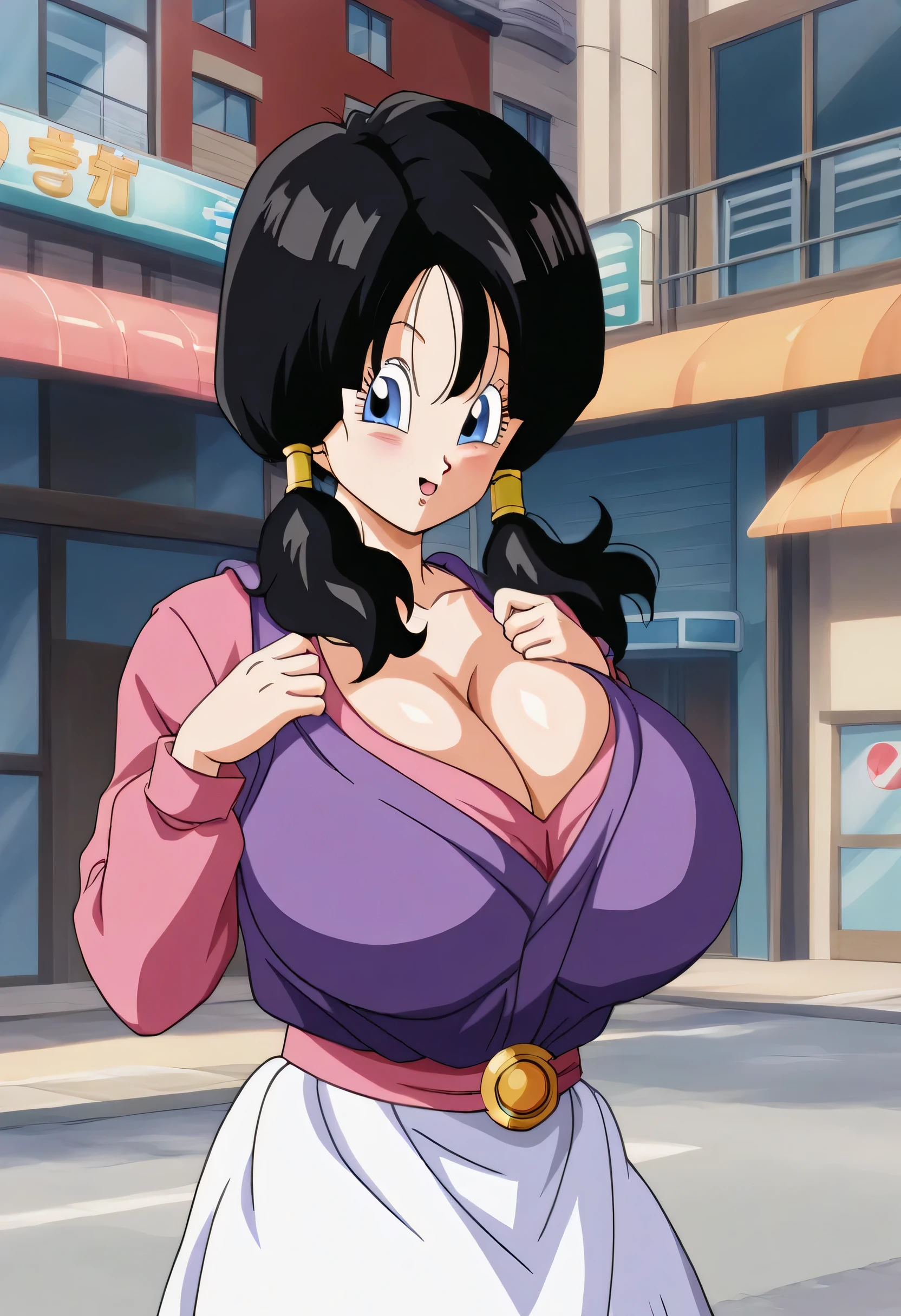  source_Anime,  score_9,  score_8_ up the side,  score_7_ up the side, Anime screencap,
Videl DBZ,  1 girl, Alone,  long hair,  blue eyes,  purple bikini big breasts dark hair,  Super Huge Huge Breasts, My breasts are long cleavage
( under bob),( Super Huge Huge Breasts紫ビキニ太い太もも大きなお尻))),  under bob恥ずかしい顔