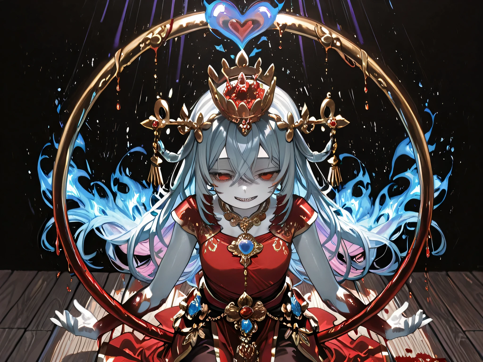 Beautiful young girl wearing a red dress, Wearing ancient Thai clothes, Looking Forward, Wearing Thai bandana, Wearing a Thai crown on her head, Red cloth used instead of pants,Red Eyes, Lifeless eyes, Very pale skin, devil's smile, Sharp teeth, a purple aurora floating out the girl., wearing jada, Prisoners, On the hand there is a loose golden hoop., two arms holding a silver-blue heart, There are 8 arms, drops of blood, a heart, Tall three-tiered crown, wearing a golden Thai Rum crown hat, Red eyes dripping from eyes, Sad Necklace, Thickened hair, Head tilted a lot, black background, with a shimmering speck of light ascending from the light above., Light from a spotlight above shining down, Wooden board floor as far as the sky, Create phonk music cover, Cracked tones, meme, ทิวทัศน์memeผสมผสานความน่าขนลุก, top body model, outstretched behind a silver-blue flame,