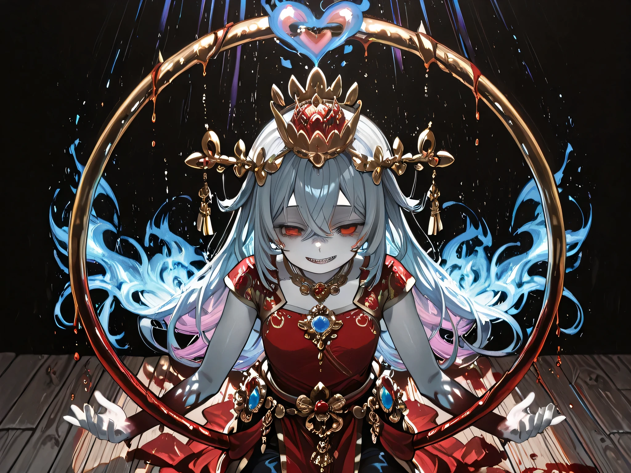 Beautiful young girl wearing a red dress, Wearing ancient Thai clothes, Looking Forward, Wearing Thai bandana, Wearing a Thai crown on her head, Red cloth used instead of pants,Red Eyes, Lifeless eyes, Very pale skin, devil's smile, Sharp teeth, a purple aurora floating out the girl., wearing jada, Prisoners, On the hand there is a loose golden hoop., two arms holding a silver-blue heart, There are 8 arms, drops of blood, a heart, Tall three-tiered crown, wearing a golden Thai Rum crown hat, Red eyes dripping from eyes, Sad Necklace, Thickened hair, Head tilted a lot, black background, with a shimmering speck of light ascending from the light above., Light from a spotlight above shining down, Wooden board floor as far as the sky, Create phonk music cover, Cracked tones, meme, ทิวทัศน์memeผสมผสานความน่าขนลุก, top body model, outstretched behind a silver-blue flame,