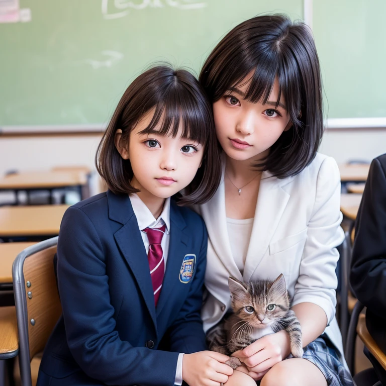 Smiling surrounded by cats、hi-school girl、校服