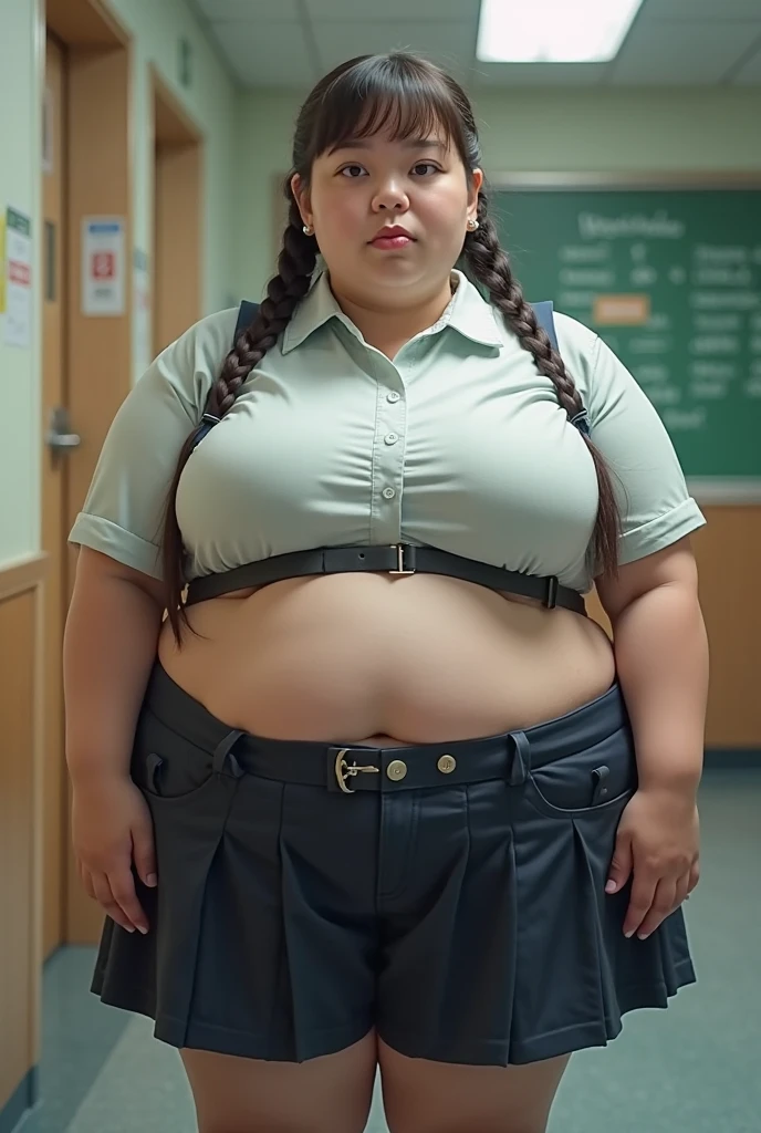 a 10 year old obese girl, chubby cheeks, round face, double chin, thick arms and legs, wearing a , standing in a school setting, realistic, detailed, highly detailed, intricate details, photorealistic, 8k, masterpiece, cinematic lighting, dramatic shadows, vibrant colors
