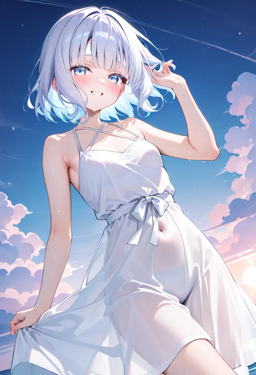 young girl　silver hair　white dress　　short hair　red eyes　irreverent face　look down　thin body　thin thighs　small breasts　small ass　toned body　wrist bracelet　jewelry bracelet　tiara with jewels　sunlight　ripped abs　Skirt Dresses　　slanted eyes　white skin　deep red eyes　symmetrical　transparent dress　No underwear　arm tattoo　high quality　High resolution　8k perfect　天使のようなyoung girl　女神のようなyoung girl　see through dress　sexy dress　　hair blowing in the wind　dress that shows the navel　blue sky　big cloud　little girl like a goddess　Beautiful little girl　Sexy 