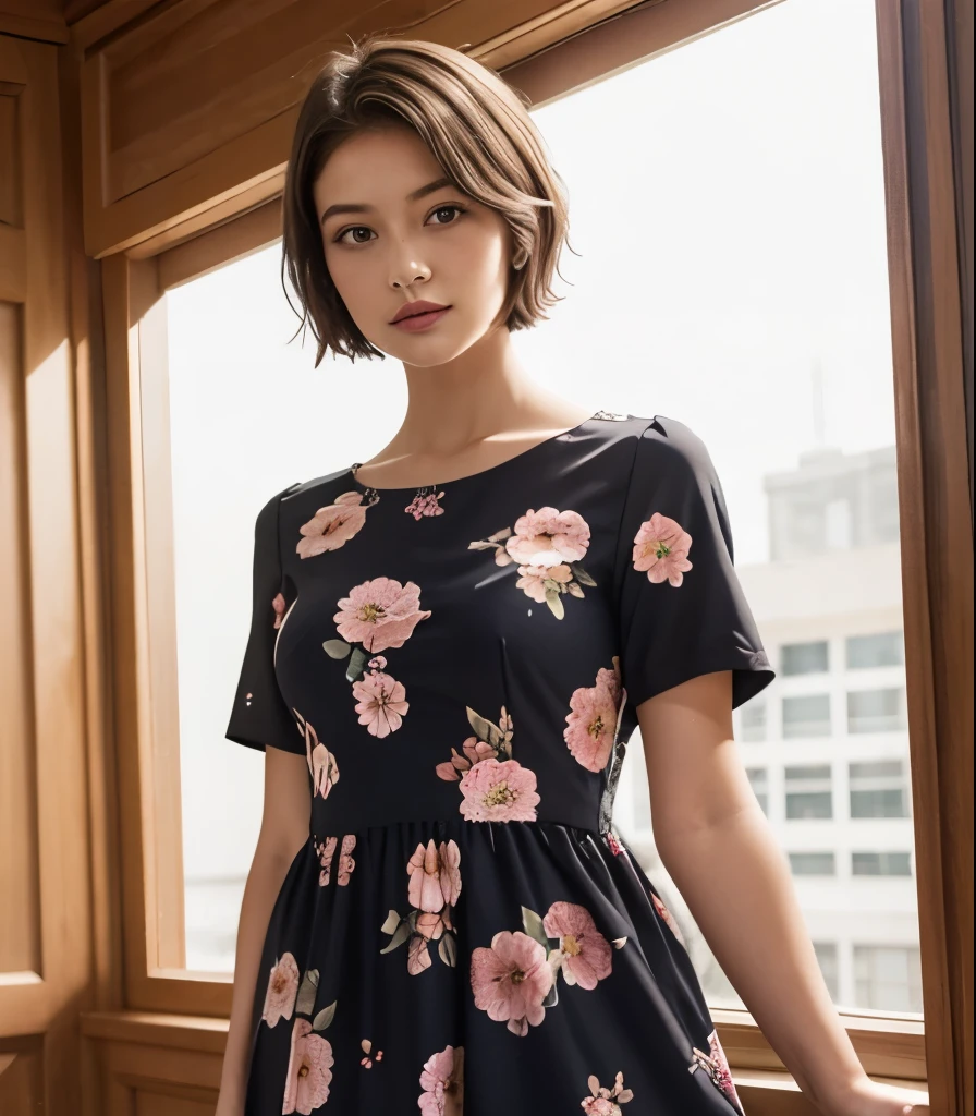 390 ((young woman)),(short hair),(floral dress)
