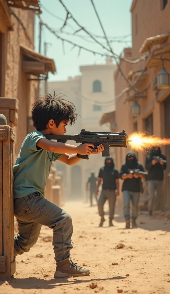 A boy in a Flamengo uniform with a soccer ball at his feet and a 762 rifle in his hand shooting into the air on a muddy street full of sewage ditches.