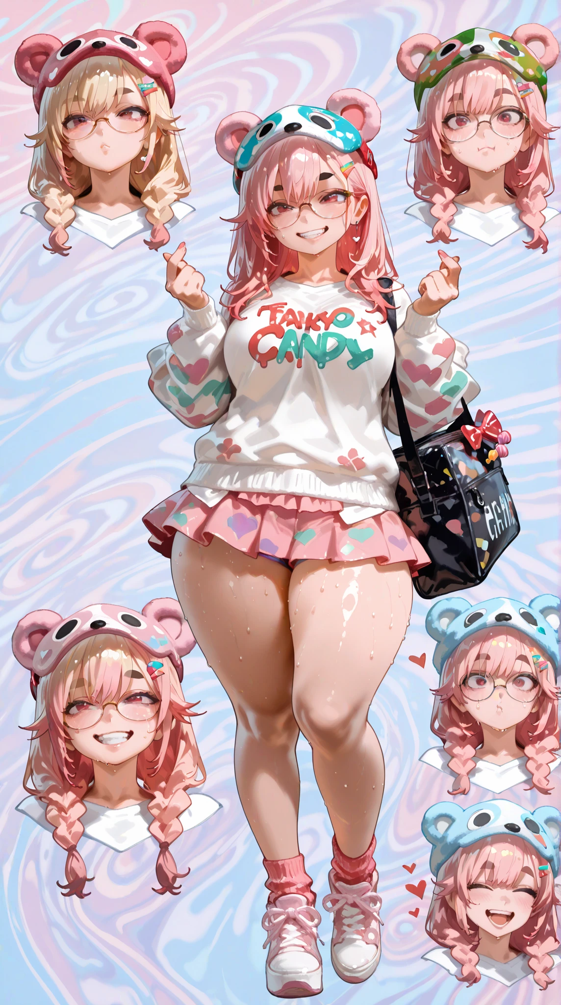 (masterpiece, best quality:1.2), cowboy shot, (solo), (1girl):1.5, glasses, long fluffy pink hair, chubby, slight smile, (elegant leotard), stomach, navel exposed, large breasts, breasts niples, cameltoe