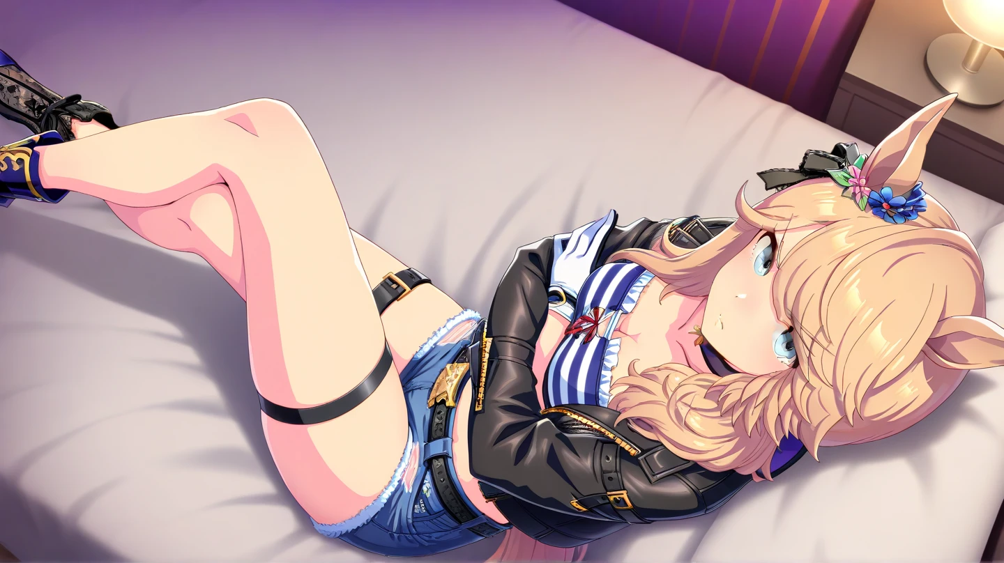 masterpiece, highest quality, very detailed, excellent ???????, figure, High resolution, detailed background, High resolution , software, 1 girl, blush, gold city \(umamusume\), horse tail, parted lips, black choker, Gold chain, single glove, white gloves, long sleeve, Bando, cleavage, strapless, Tube top, belly button, abdomen, open jacket, open clothes, black jacket, Black belt, denim shorts, cut off, lying on the ground,on the bed