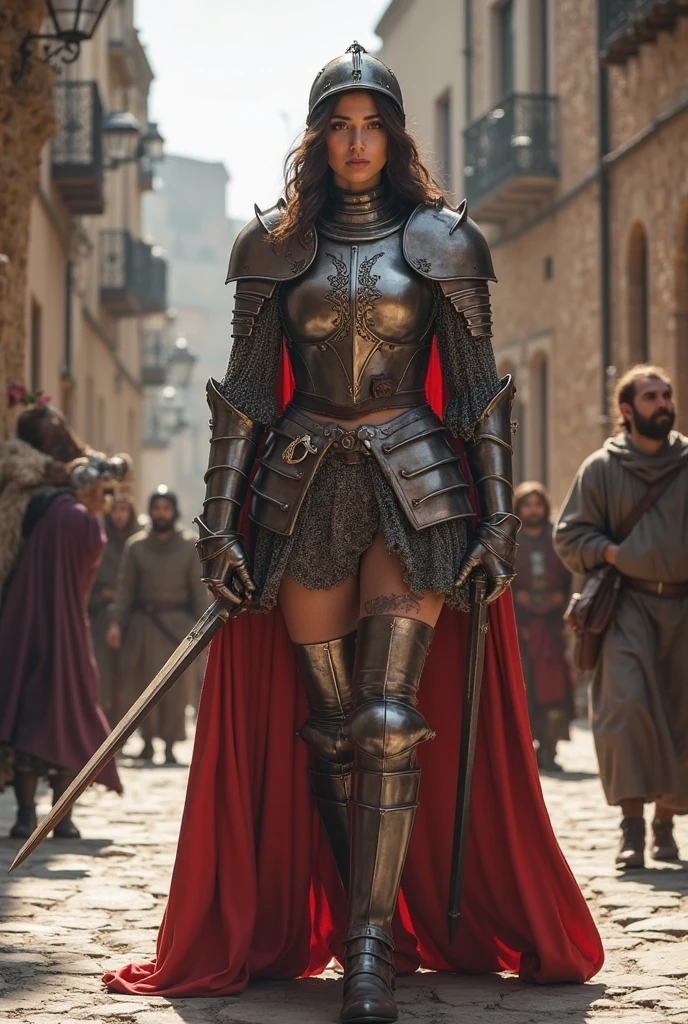 Shriya Saran in strong body ((iron Armour)) ((ponitail hair)) shouting face, iron sword,war ground in background 