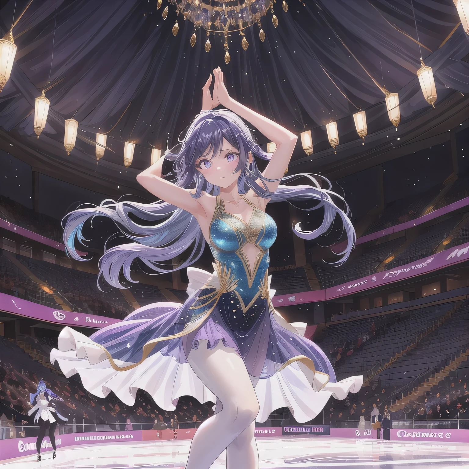 A breathtakingly beautiful 20-year-old woman glides dynamically across the ice rink, dressed in an exquisitely detailed and elegant figure skating costume. Her graceful movements exude both power and finesse as she carves intricate patterns into the ice. The soft arena lighting casts a gentle glow, highlighting the shimmering fabric of her outfit and the fluidity of her performance, creating a mesmerizing scene of beauty and athleticism. Long hair, blue hair, purple eyes.