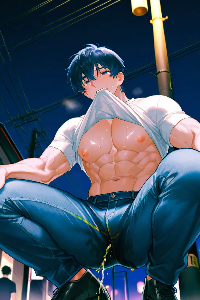 ((8K:1.2),masterpiece, Highest quality, Ultra-high resolution:1.25) beautiful boy anime face, sweet body, no muscular body, 16 old a boy, high school student boy, face and body emphasis, (gay anime hentai), tall boy, no underwear, bedroom alone, sexy pose, (blushing and smile face, shirtless body), short hair, black eyes, leather shorts, high leg string, want sex, prostitute boy, full body, crotch emphasis, crotch touching,