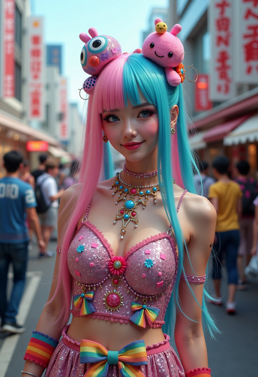 (masterpiece), Highest quality, Perfect Face, 8k, Panda Girl, Laughter of joy, ((Rainbow Hair)), (Curly Hair), (Human face), [Small breasts], Waist:1.3, Long legs, Black Ear, whole body,
break, 
((Layer up with colorful accessories)), Pastel designer heels, (Mismatched thigh-high socks), (Oversized Bow), (Statement Decora Fashion), (((Lots of cute accessories))), Characters appearing in Harajuku-themed fashion features in famous magazines, break, (((The photo shoot、It will take place against the iconic Harajuku backdrop))), Capturing the essence of the district&#39;s diverse fashion culture, Ultra low angle,Realistic Flesh,The bite is clear,Stylish panties,Realistic panty wrinkles,