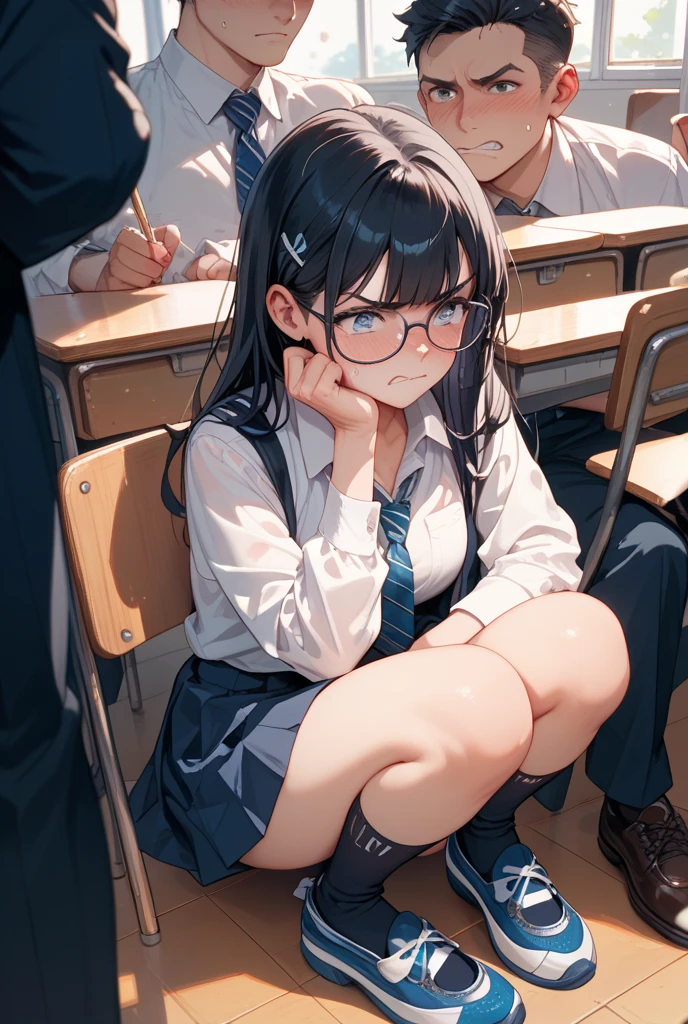 ((best quality)), ((masterpiece)), (detailed), perfect face, one of the anime girls with glasses, blue eye, 150cm tall, brown pony tail hair, face pouting, school outfit, closed, staring, teenager, sitting alone in class, shy, introvert,
