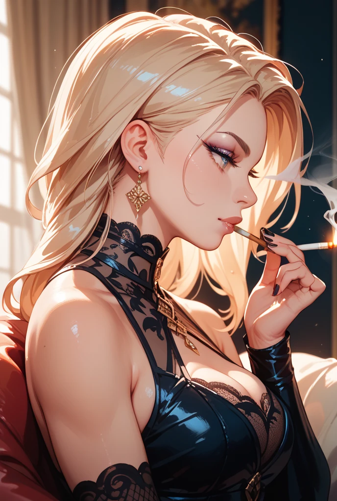Snake blonde woman drinking wine and smoking cigarette