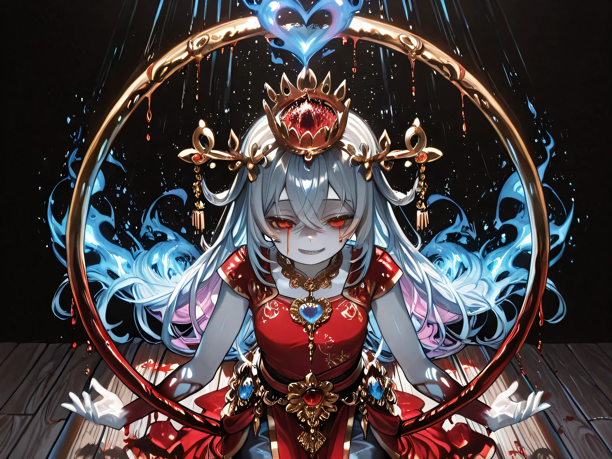 Beautiful young girl wearing a red dress, Wearing ancient Thai clothes, Looking Forward, Wearing Thai bandana, Wearing a Thai crown on her head, Red cloth used instead of pants,Red Eyes, Lifeless eyes, Very pale skin, devil's smile, Sharp teeth, a purple aurora floating out the girl., wearing jada, Prisoners, On the hand there is a loose golden hoop., two arms holding a silver-blue heart, There are 8 arms, drops of blood, a heart, Tall three-tiered crown, wearing a golden Thai Rum crown hat, Red eyes dripping from eyes, Sad Necklace, Thickened hair, Head tilted a lot, black background, with a shimmering speck of light ascending from the light above., Light from a spotlight above shining down, Wooden board floor as far as the sky, Create phonk music cover, Cracked tones, meme, ทิวทัศน์memeผสมผสานความน่าขนลุก, top body model, outstretched behind a silver-blue flame,