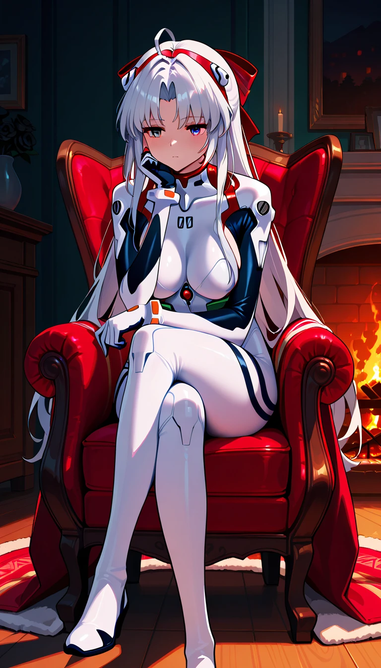 ((1 woman with transparent panties, white scientist coat)),((just a biomechanical brat)),((big breasts)),((in a forest)),((wet pussy, erect nipples)) ,((very large pubic hair)),((short black hair with a side ponytail, with very large bangs covering the face)),((one blue eye, one biomechanical red eye, with an evil smile)), ((sitting on a throne, in a futuristic room)),((sitting with legs open in the shape of an m, facing the viewer