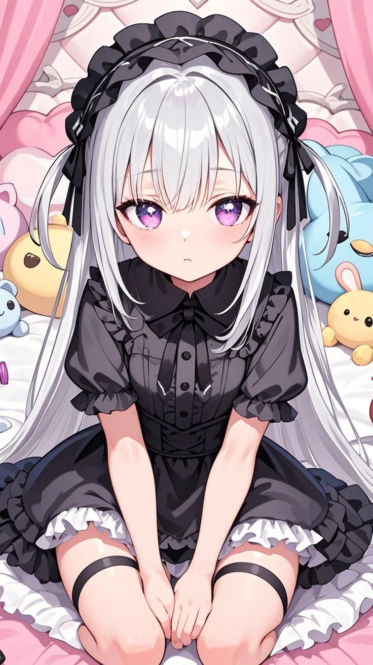 (Photo:1.3), realist,dollfiedream, 1girl, long hair, looking at viewer, long sleeves, ribbon, twintails, sitting, closed mouth, purple eyes, hair ribbon, purple hair, braid, boots, shoes, choker, socks, pink eyes, hair bun, black footwear, black dress, sleeves past wrists, double bun, black ribbon, black choker, cross, black socks, fullbody, <lora:DollfieDream-09:0.8>, (masterpiece, best quality, absurdres, detailed, ultra-detailed:1.3)