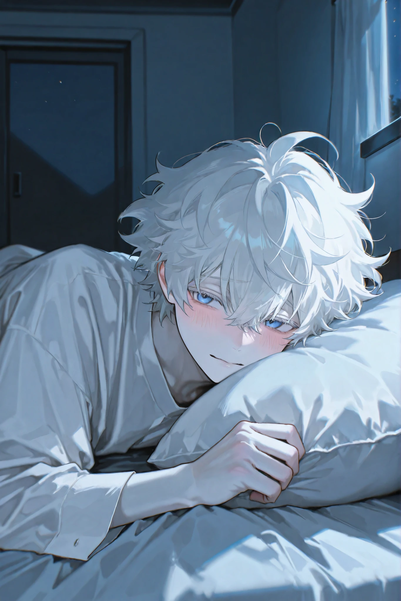 1 man, alone, In the room, lies in bed, Pillow , handsome, night, blue eyes, shy expression , blush, big white shirt, Fluffy hair , Shy, white hair, focal length 85mm, shy posture , young and vibrant , good condition ,white skin , blush,