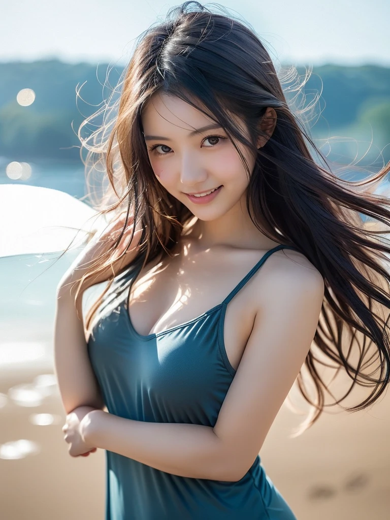 (16K,8k、Best image quality, Best illustrations, Hyperrealistic photography)、Japanese idol face:1.33,(Cleavage:1.7)、Wearing a thin sexy swimsuit:1.7、Panty Focus:4、Take a full-body photo on a Tahiti beach with crystal clear water and palm trees:1.7,(highest quality, High resolution, High resolution:1.2), 32k,16k,8k,Hyper Real、Very detailed, Realistic, Intricate details,Students,Teenage Girls,Cleavage:1.33,No makeup、Professional Lighting、Photo album、Smiling at the camera、Full-body photography:1.55