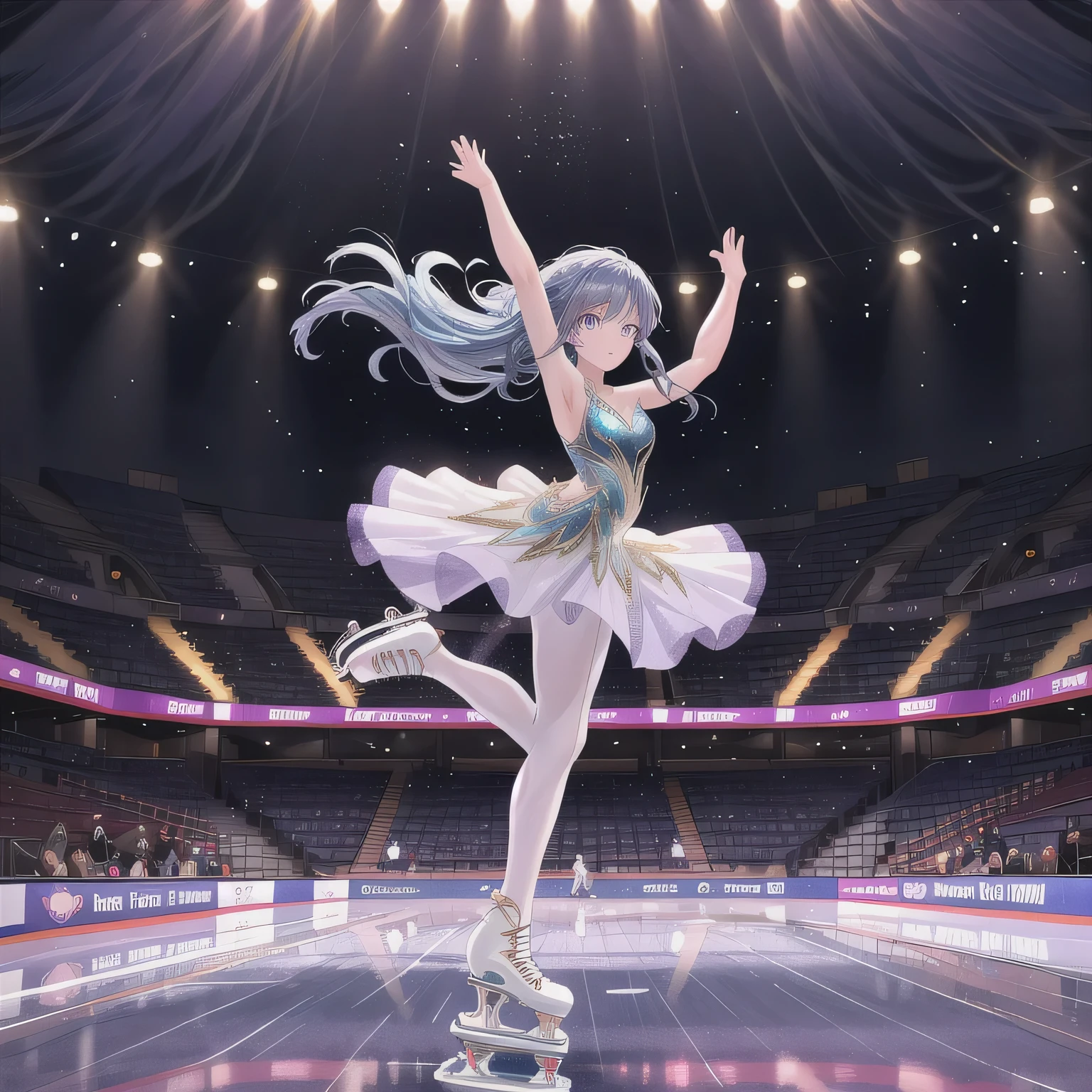 Depict a 20-year-old, stunningly beautiful woman gracefully gliding across the ice in a grand skating arena. She wears an elegant and intricately designed figure skating dress, adorned with shimmering details that reflect the arena lights. Her expression is serene yet focused, her movements fluid and dynamic, capturing the poise and strength of a professional skater. The background features a vast ice rink with soft lighting, enhancing the elegance of the scene. Long hair, blue hair, purple eyes.