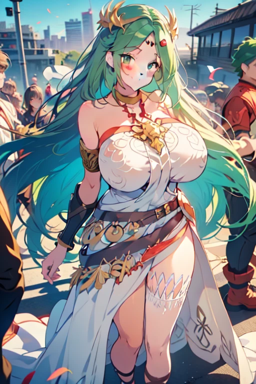 1girl in、white hair、Green White Dress、verd s eyes、Braids、verd s eyes、Bare legged、 jewely、see -through、see the beholder、hair adornments、a choker、full of shyness、 (masterpiece、top-quality、top-quality、Official Art、Beautifully Aesthetic:1.2)、(1 girl in)、ighly detailed、colourfull、highestdetailed、 (huge tit:1.2、)The upper part of the body、((frombelow))、cammel toe、skirt rift、 城市、a street、suns、云、walls、Leaning、Navel、 鎖骨、thighs thighs thighs thighs、(holding up the skirt with both hands)、(I don't wear pants)、(Nipples are visible)、(Crotch wide open)、(Spreading legs)