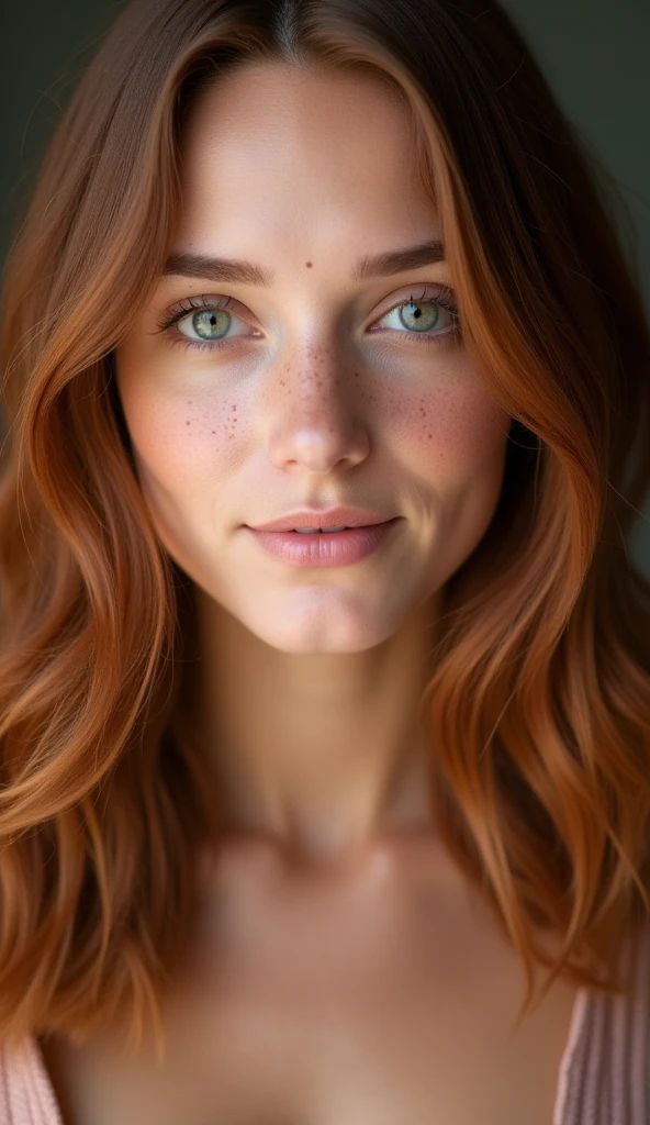 ((Portrait Photography)),(best quality, high quality, sharp focus:1.4), european beautiful woman, (orange hair:1.1), freckles, mode face, makeup, (light nude lipstick:1.1), look at the viewer, shirt, best quality, realistic , masterpiece