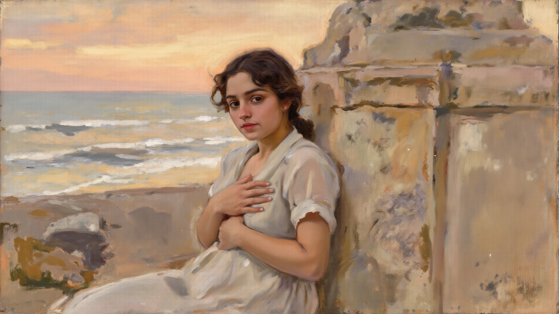 oil on canvas, a beautiful young woman with resemblance to Mckenna Grace sitting , on stone steps of an old lighthouse, smiling and looking at the camera, landscape of an epic afternoon , flowers adorn his head, natural lighting, style of william-adolphe bouguereau