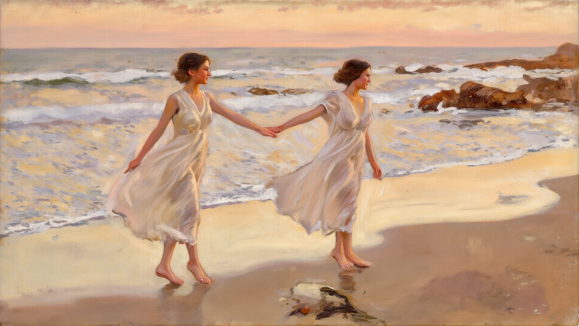 alone in the universe, Paint in watercolor style, Photorealism, discreet golden and ruby and mint shades, two (nudes) gentle, modest thin girls of s old with tender nipples walk barefoot in the distance along the coast