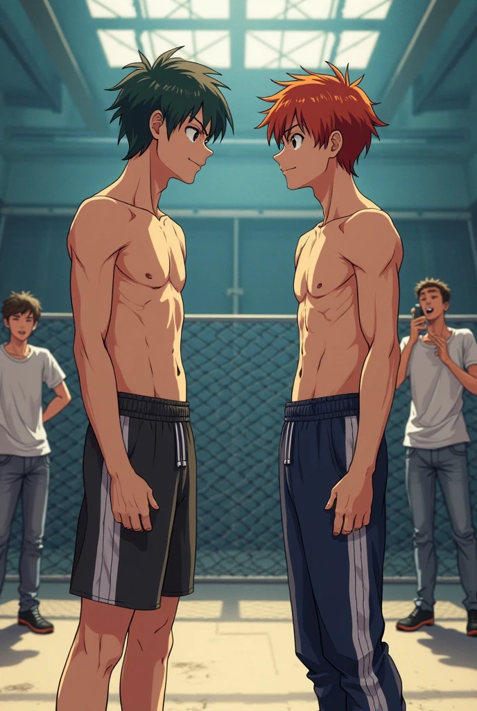 Children over 213 years of age  , Palerro, Inside the, (tmasterpiece, Best quality, absurderes ), schools,Classroom: Two shirtless kids at school with sweatpants looking into each other's eyes sadly in the gym room