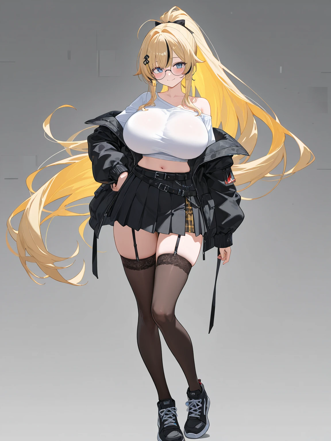 1 girl, game CG,1 girl, game CG, plain black T-shirt, white short skirt, hair scrunchie, (gigantic breasts:1.2), blonde, middle hair, side ponytail, green eyes,scrunchie,(single color background:1.1 ), full body, toe, standing, dynamic, smile,