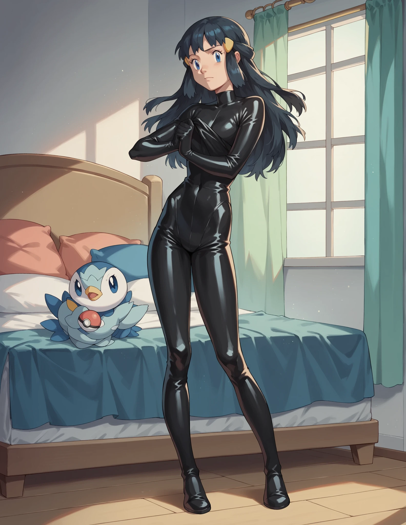 pokemondawn, pokemon dawn, black hair, blue eyes, sidelocks, long hair, stand on bedroom with use black Latex suit full body