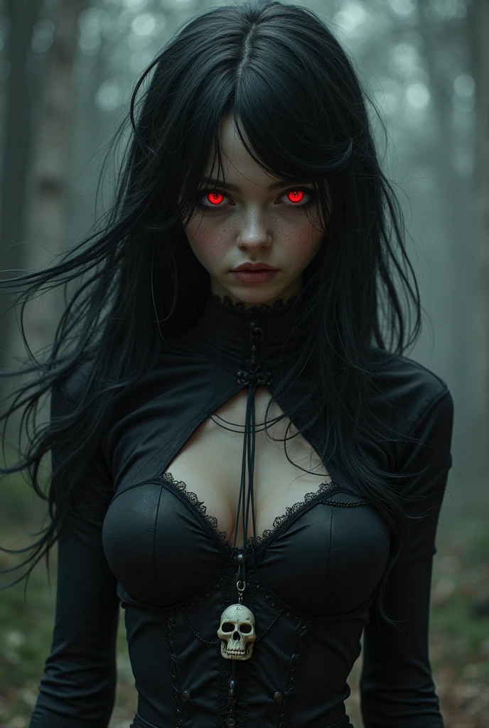 A woman, Red eyes, pale vampire skin, big breasts, dragon horns, Fangs, dragon tail, hoodie negra, by the width, black fur, 4k, High Definition