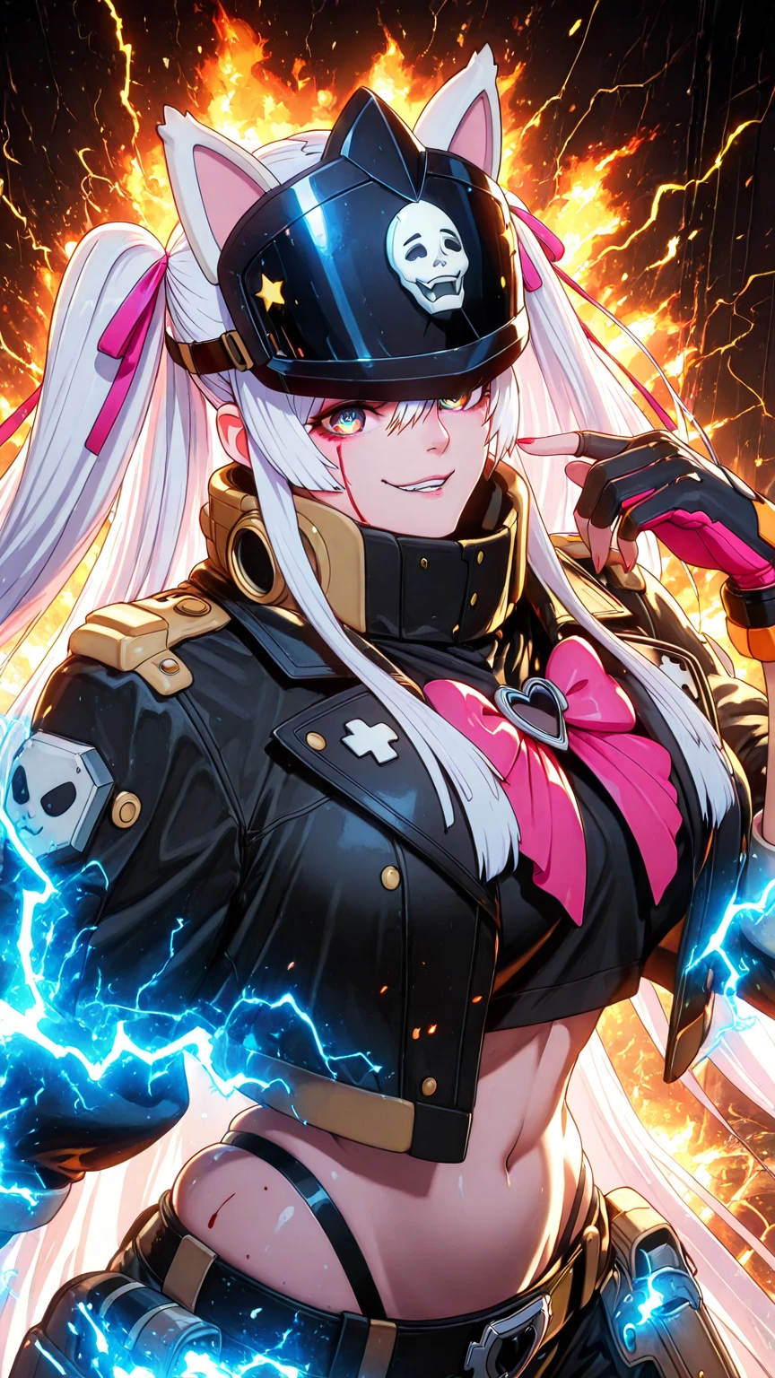 ggstduel, (oshi no ko-style:1.5), (anime coloring, anime screencap), shiny skin, (marumoru-style:1.8), (horori_(halloweenday309)-style:1.2), (puuzaki_puuna(punopupupu)-style:1.2), (zonda_(solid_air)-style:1.4), ((anatomical correct)), ((Cinematic, unreal engine, eye-catching, ambient occlusion, UHD, masterpiece)), ((perfect lighting, dappled sunlight, soft shadow)), perfect body, perfect eyes, perfect fingers, gasping, heavy breathing, gasping profusely, ((skindentation)), ((curvy)), white hair, absurdly long hair, sidelocks, two side up, hair ribbon, multicolored eyes, square pupils, plump, 1girl, ((fire)), solo, navel, midriff, looking_at_viewer, coat, open_coat, pants, breasts, animal_ears, open_clothes, black_coat, smirk, slit_pupils, parted_lips, cowboy_shot, crop_top, visor_(armor), baggy_pants, blood, (electricity:1.3), glowing eyes, ((embers)), Fiery Body