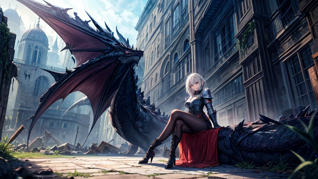 An adult woman with long blonde hair and red eyes. She would have dragon features: wings and sharp pupils like a dragon. 
She would also wear dark souls-style body armor.

Artwork based on dark souls, gothic style.