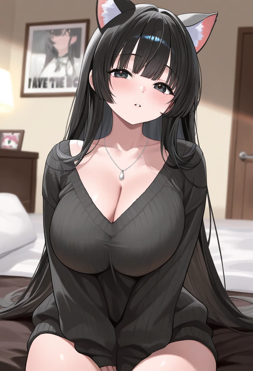 (masterpiece), best quality, Detailed, Ultra-Detailed, Digital Art, Detailed Face, HD, (Hyper-Detailed Eyes:1.2), (Absurdres:1.3), (Realism:1.25), (Realisitc:1.2), expressive eyes, /((erodere face))/, perfect face, massive breasts, very curvy, auburn hair, blue eyes, full lips, at home, /((clothes details))/, (casual black shirt: 1.3), (casual skirt: 1.2), cleavage, at home, massive breasts, wide hips, sweating, 1 female, sitting down, sexy, facing the viewer, /((erodere: 1.4))/
