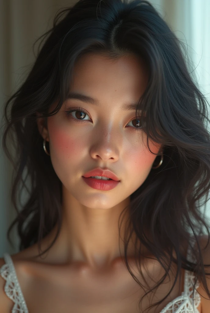 A provocative brunette woman with a bold expression, featuring a mix of Asian and American features, exudes confidence. Her long hair, with a striking red highlight as an extension, cascades down, adding to her sensual appearance. Her natural skin tone and minimal makeup, with defined eyebrows and a subtle lip color, enhance her real and expressive eyes. The overall look captures a genuine and captivating allure, blending cultural diversity with a natural beauty.