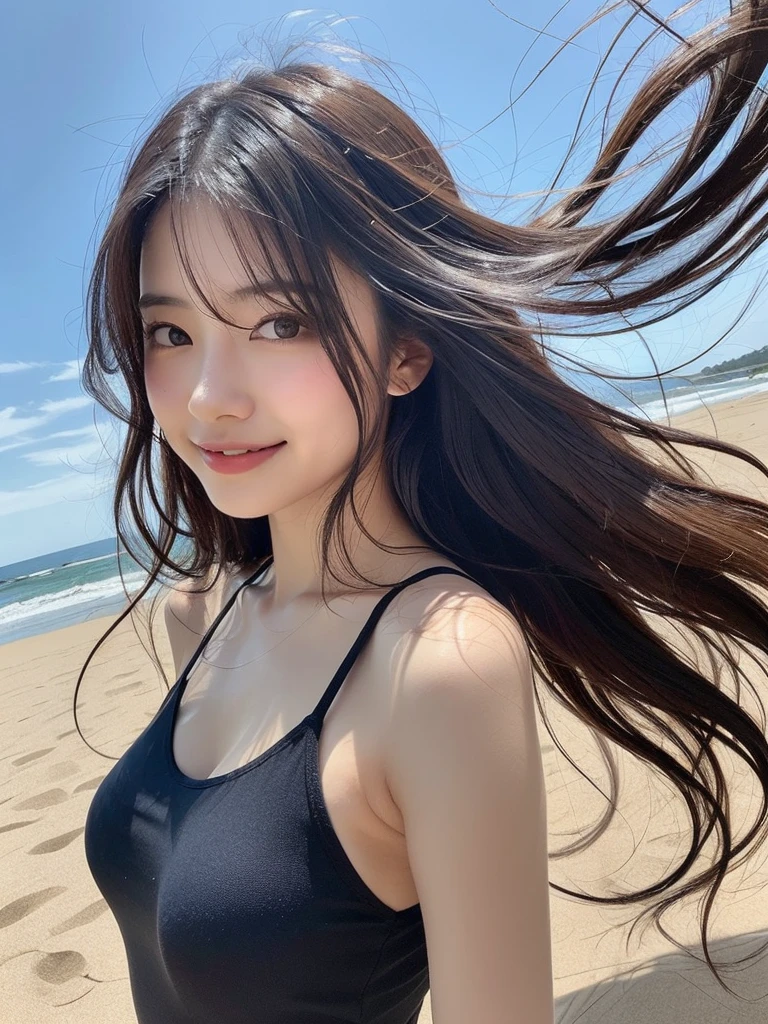 (8K portrait:1.1、RAW photos), (top quality, masterpiece:1.2)、(Ultra - high resolution:1.2)、(portrait, High-resolution RAW color photos, professional photos)、super resolution、(realistic, real photo: 1.1、ortholate)、1 person、very detailed, very detailed and beautiful, very detailed, amazing detail、Cute beautiful woman with perfect body: 1.4、Slim Big: 1.2、glowing skin、shiny lips、High-definition face and skin texture、detailed eyes、double eyelid、(5 hands:1.1、human hands)、very detailed and focused chest、((long hair、Curly hair))、(High-definition breasts、big smile), necklace、((sexy swimsuit)), ((Sexy bikini:1.2))、((whole body:1.2、Shooting from afar 1.3))、shoot from the front、look at the sea、((midsummer:1.2、I can see the sea:1.1))、((On a wide sandy beach、Mysterious background with visible horizon))、((back、model shoot))