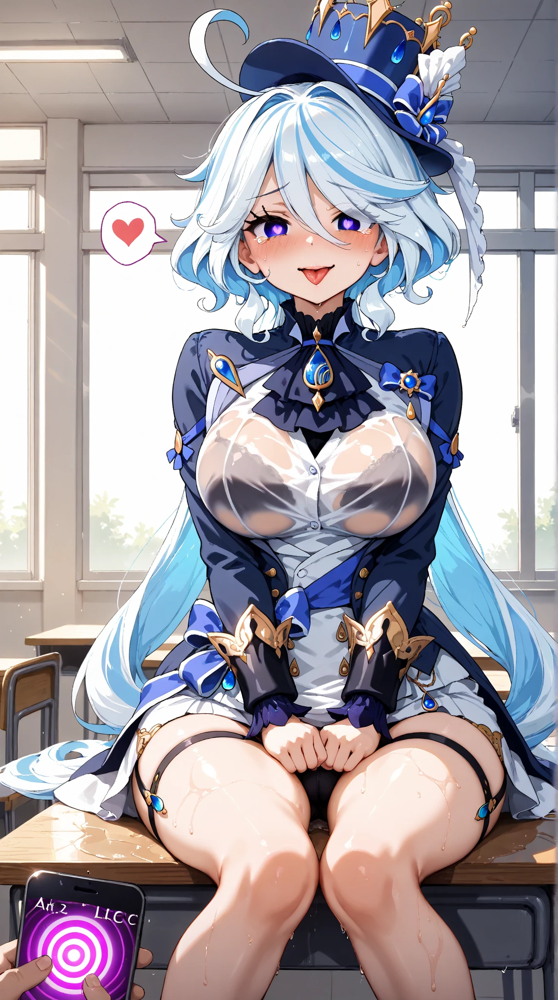 Perfect human body，Mature and intellectual woman， (very highly detailed background，liveroom), college aged，Student council president，long whitr hair，hair adornments，Colossal tits，Indecent expressions，sharp look，(Blushlush:1.2),Pubic hair shows through，Change of clothes，